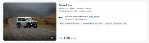 A real Indie Hire listing: Jimny 3-door, medium car, 4 seats, automatic, petrol. Pickup Christchurch City and Queenstown. Hire from Adam and Grace at Jimny Rentals, Christchurch City, since 2023. From $115 per day.